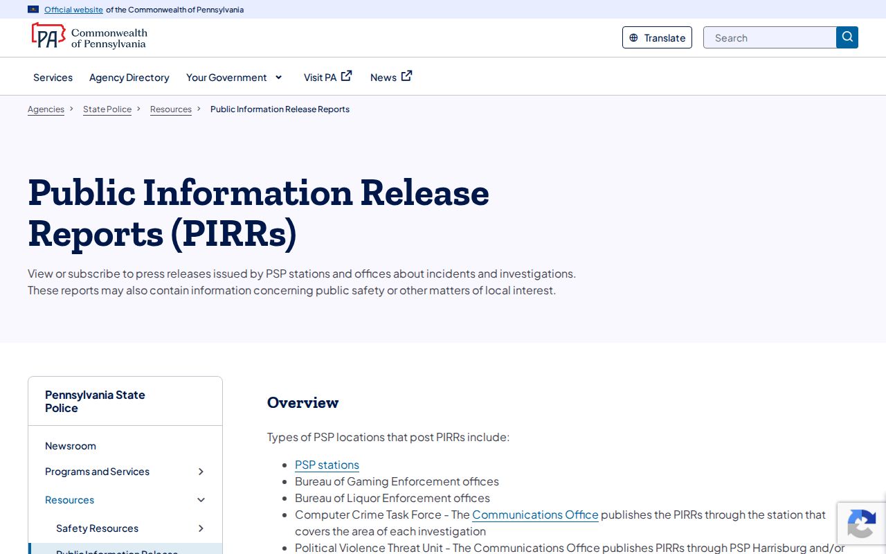 Pennsylvania State Police PIRR search for Elk County recent arrest records