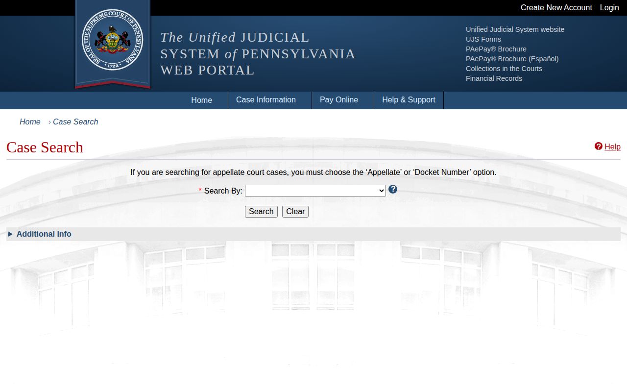 Pennsylvania UJS search for Elk County court disposition records after booking